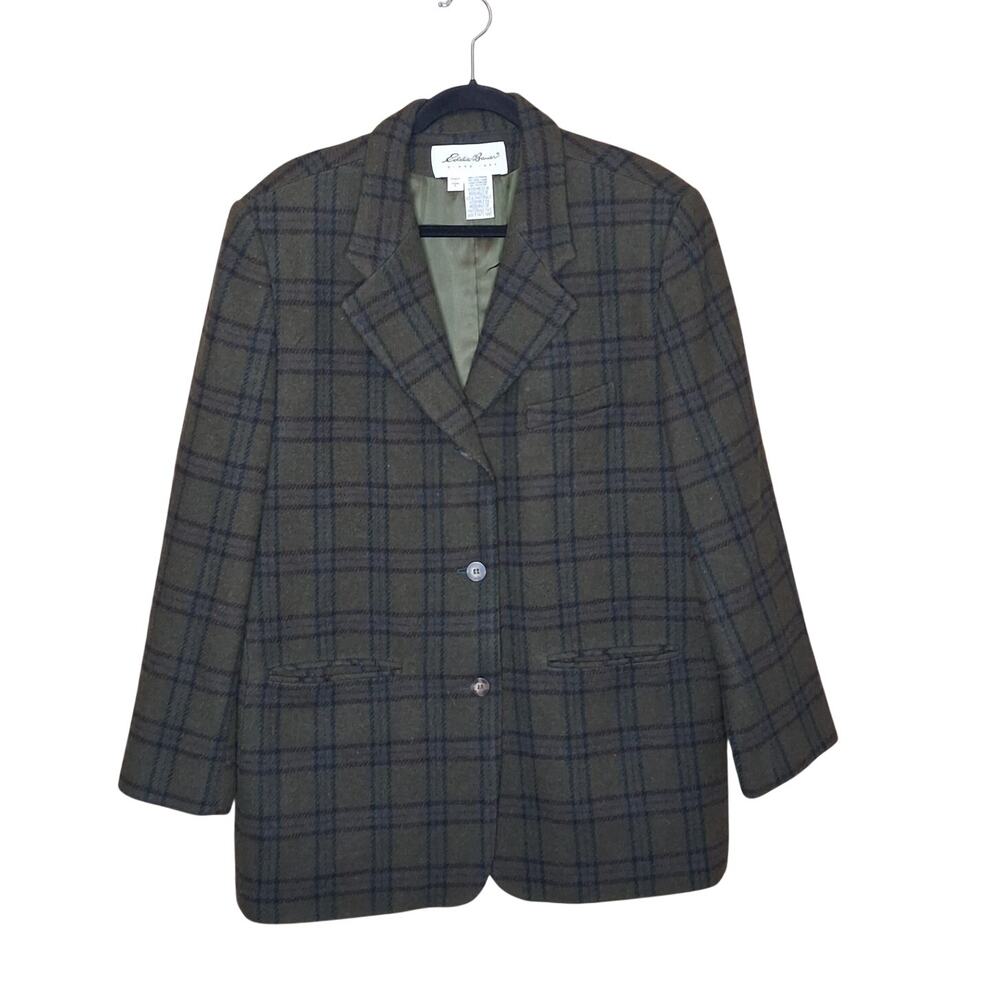 Ladies Eddie Bauer 3 Button 100% Wool Dark Plaid Blazer Lined Size Large